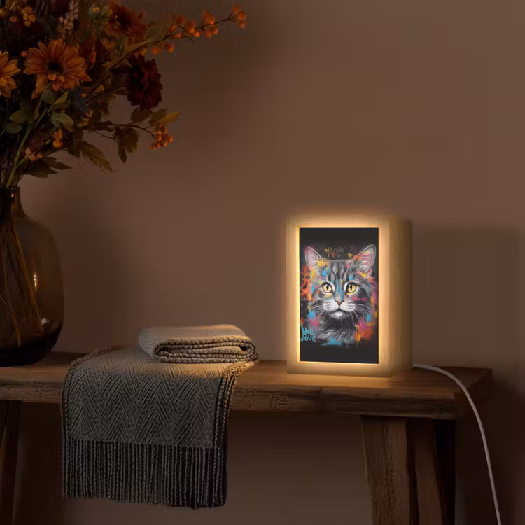 Kat - Graffiti - Dieren - Kleuren - Grijs Light Box met kabel (Tafellamp) klein -sfeer4