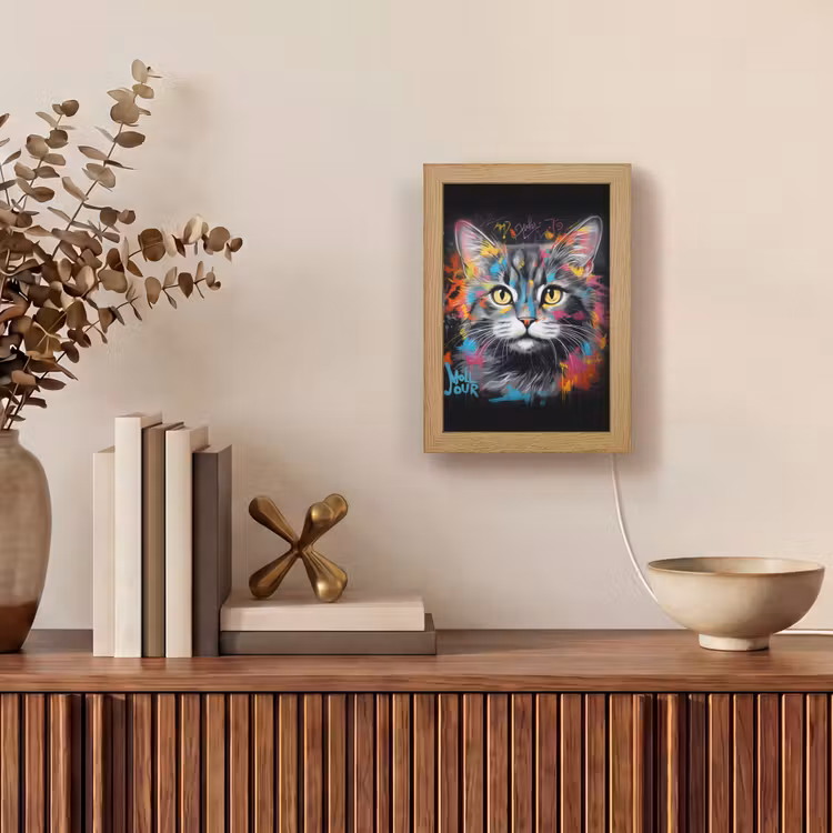 Kat - Graffiti - Dieren - Kleuren - Grijs Light Box met kabel (Tafellamp) klein -sfeer2