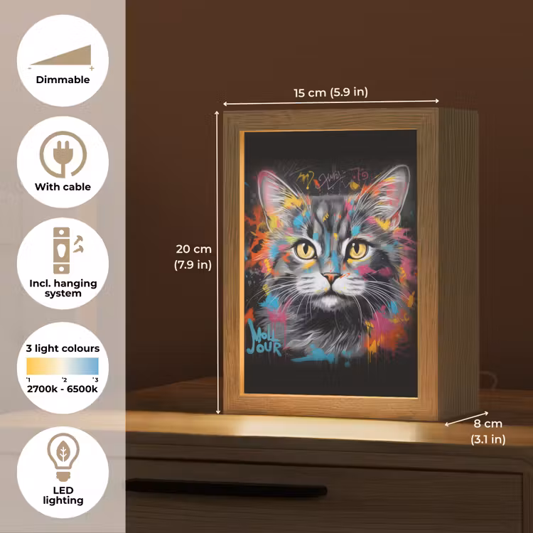 Kat - Graffiti - Dieren - Kleuren - Grijs Light Box met kabel (Tafellamp) klein -USP_EN