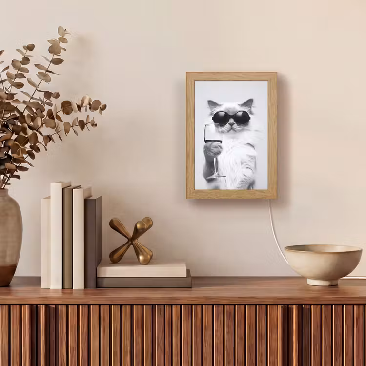 Kat - Zonnebril - Wijnglas - Langharig Light Box met kabel (Tafellamp) klein -sfeer2