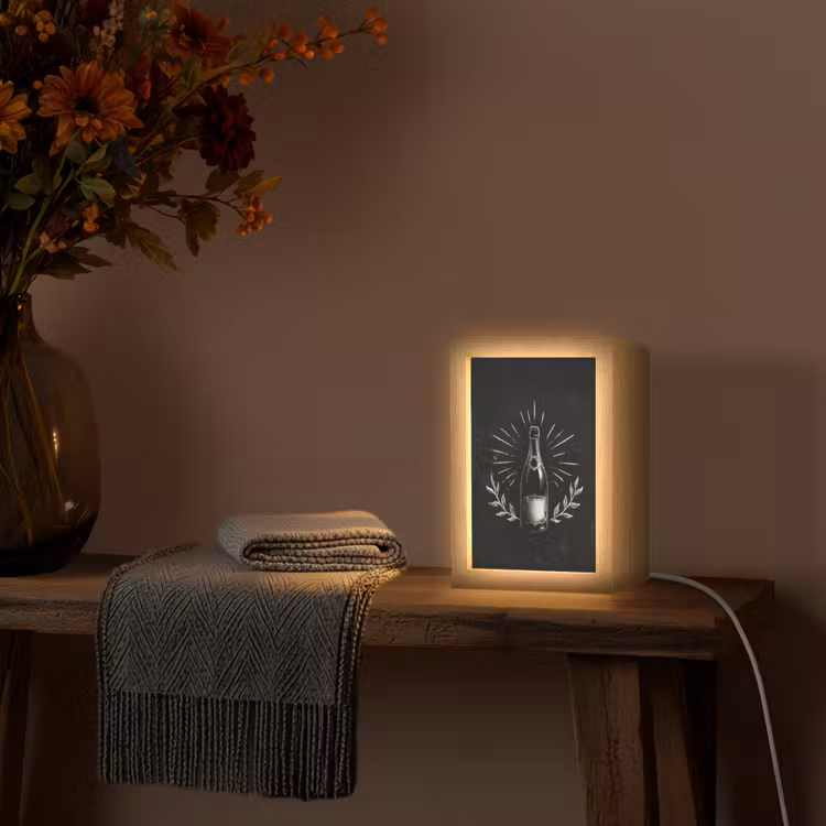 Champagnefles - Lauriertakken - Zwarte achtergrond Light Box met kabel (Tafellamp) klein -sfeer4
