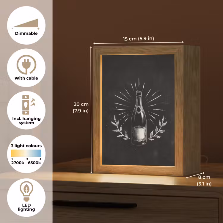 Champagnefles - Lauriertakken - Zwarte achtergrond Light Box met kabel (Tafellamp) klein -USP_EN