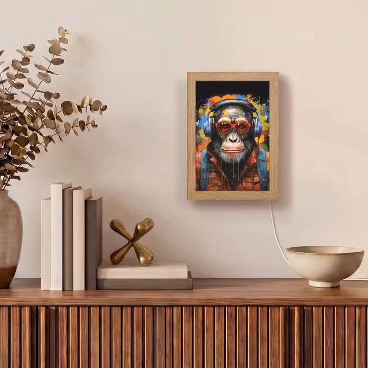 Chimpansee - Aap - dieren - Graffiti - Bril - Koptelefoon - Kleuren Light Box met kabel (Tafellamp) klein -sfeer2