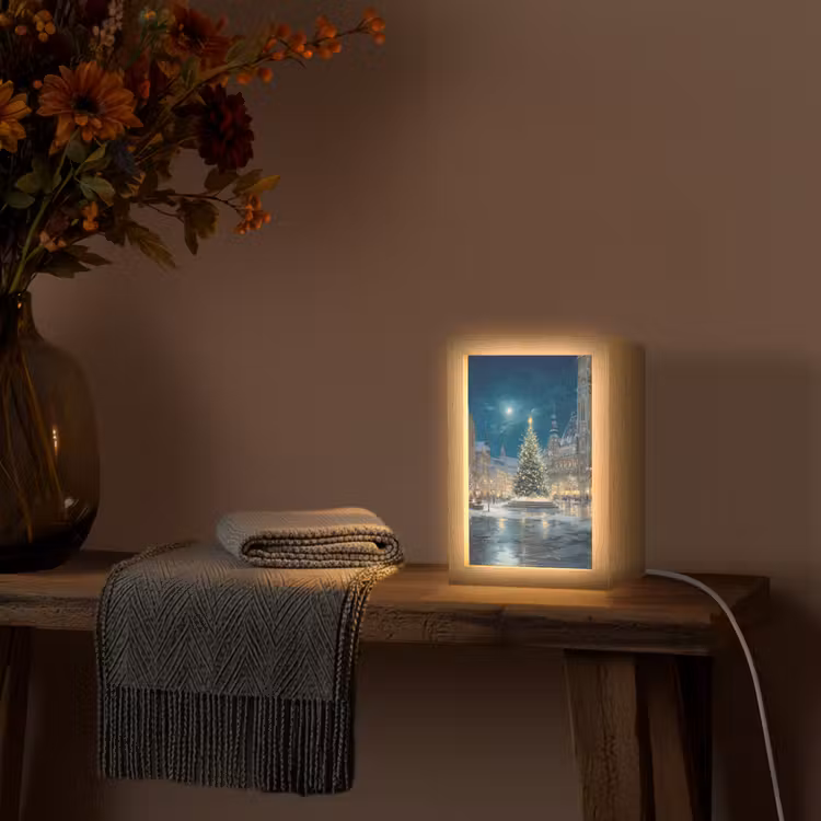 Kerstnacht - Stadsplein - Meerkleurig Light Box met kabel (Tafellamp) klein -sfeer4