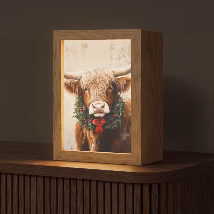 Kerst - Schotse Hooglander - Bruin - Krans Light Box met kabel (Tafellamp) klein -z3d_website
