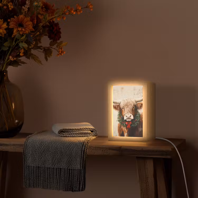 Kerst - Schotse Hooglander - Bruin - Krans Light Box met kabel (Tafellamp) klein -sfeer4