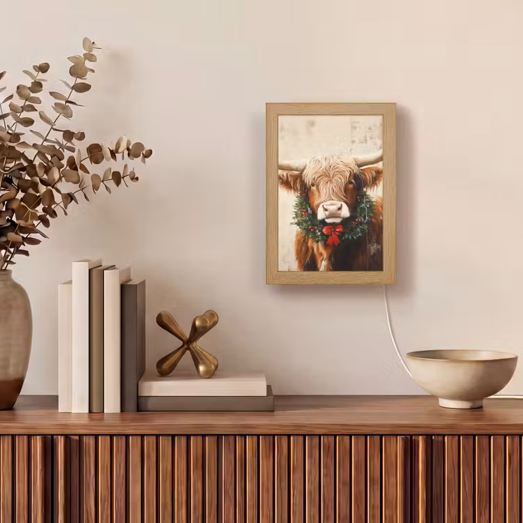 Kerst - Schotse Hooglander - Bruin - Krans Light Box met kabel (Tafellamp) klein -sfeer2