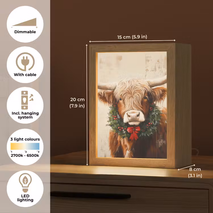 Kerst - Schotse Hooglander - Bruin - Krans Light Box met kabel (Tafellamp) klein -USP_EN