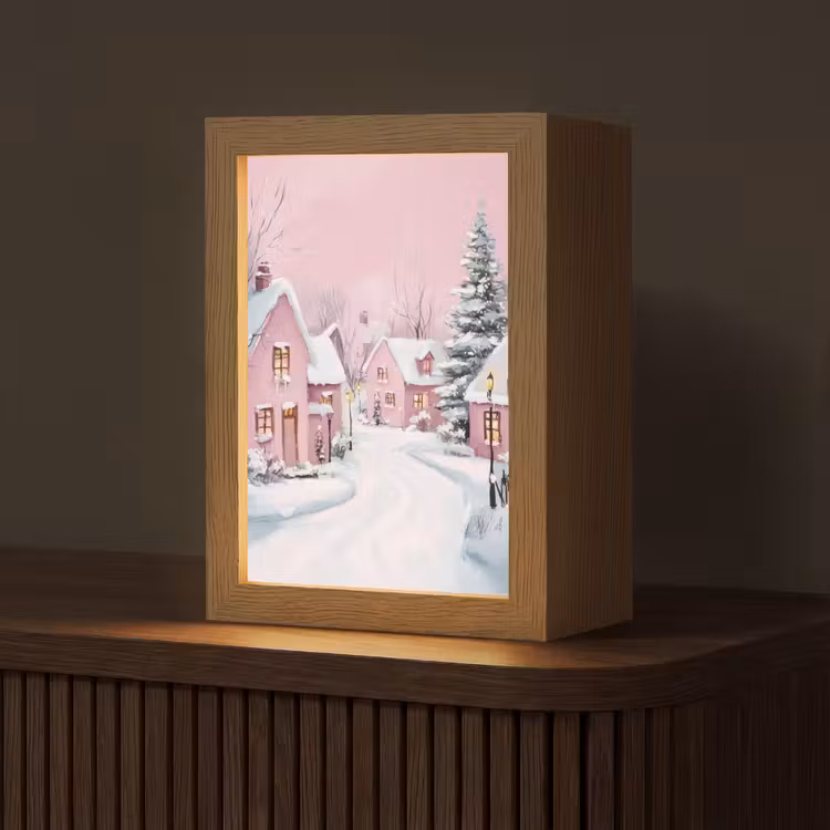 Kerstdorp - Roze - Winter - Sneeuw - Huizen Light Box met kabel (Tafellamp) klein -z3d_website