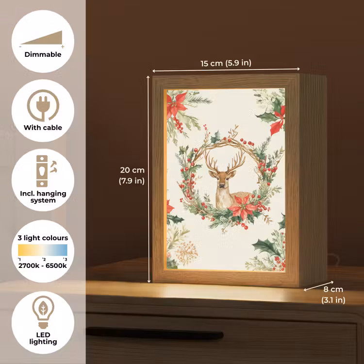 Kerstkrans - Hert - Hulst - Rood Light Box met kabel (Tafellamp) klein -USP_EN