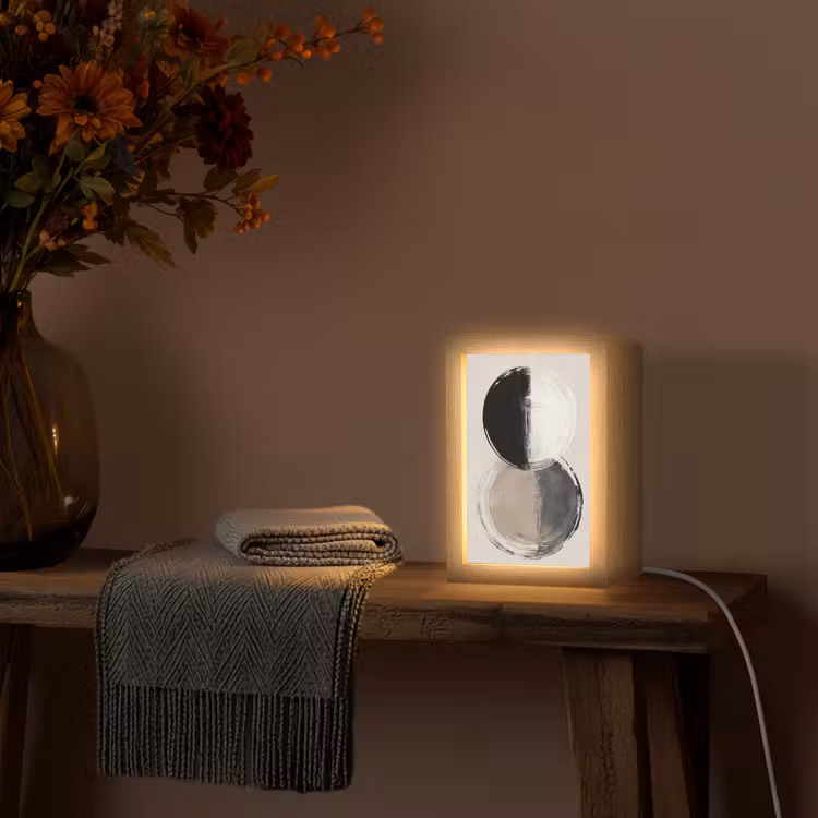 Cirkels - Strepen - Minimalistisch - Zwart Light Box met kabel (Tafellamp) klein -sfeer4