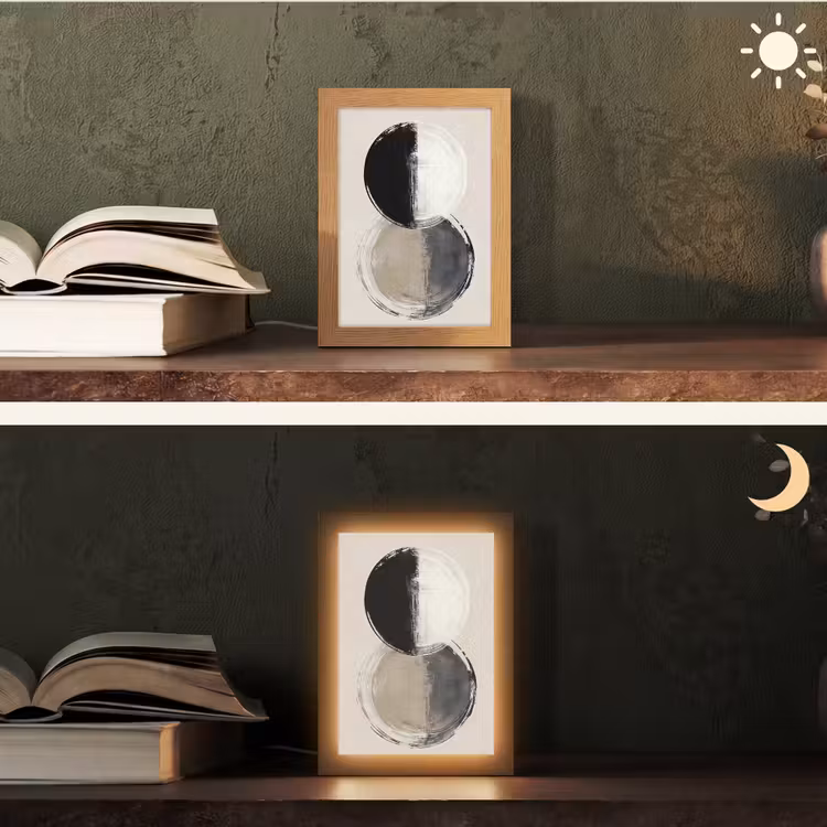 Cirkels - Strepen - Minimalistisch - Zwart Light Box met kabel (Tafellamp) klein -sfeer3
