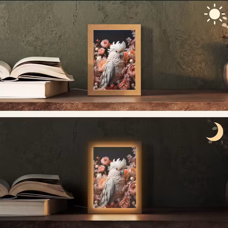Kaketoe - Dier - Natuur - Botanisch - Bloemen - Roze Light Box met kabel (Tafellamp) klein -sfeer3