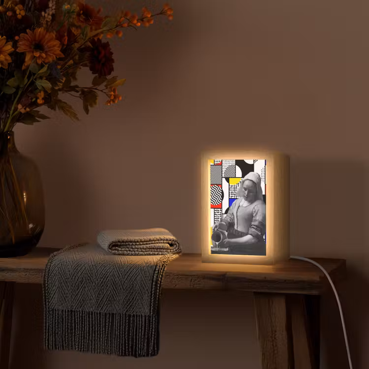 Collage - Mondriaan - Melkmeisje Light Box met kabel (Tafellamp) klein -sfeer4
