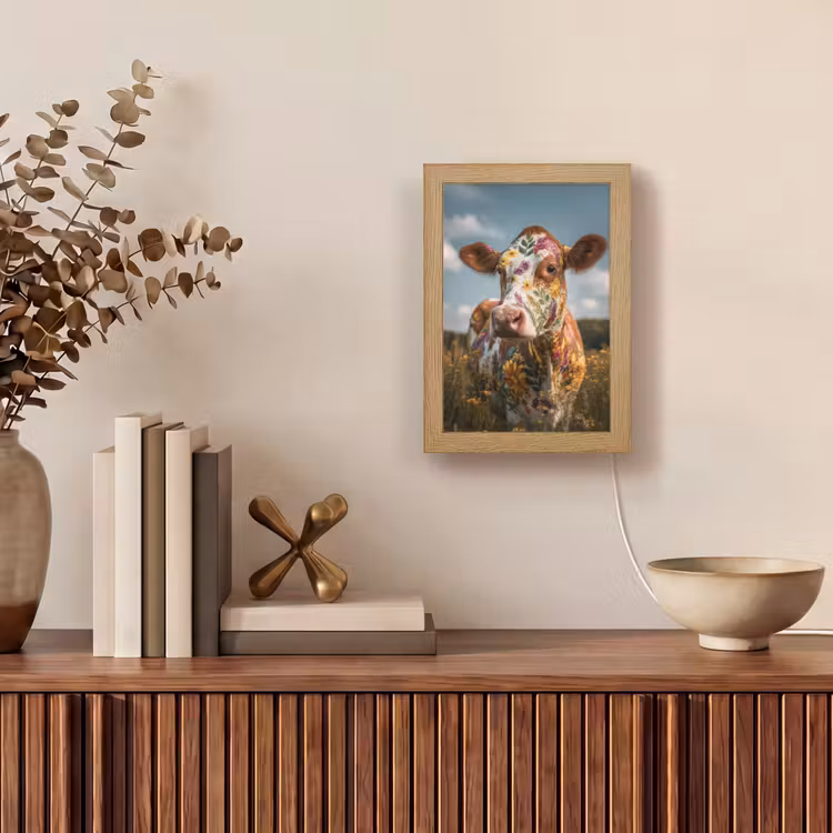 Koe - Bloemen - Weiland Light Box met kabel (Tafellamp) klein -sfeer2