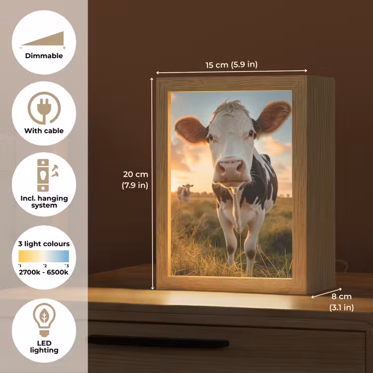 Koe - Weiland - Dieren portret - Natuur - Koeien Light Box met kabel (Tafellamp) klein -USP_EN