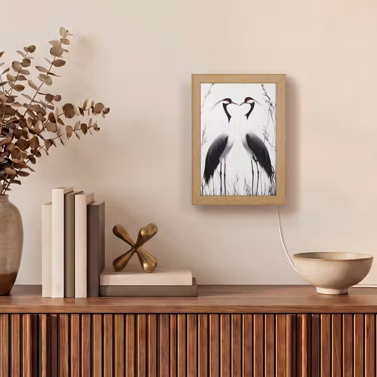 Kraanvogels - Gras - Hartvorm - Zwart Light Box met kabel (Tafellamp) klein -sfeer2