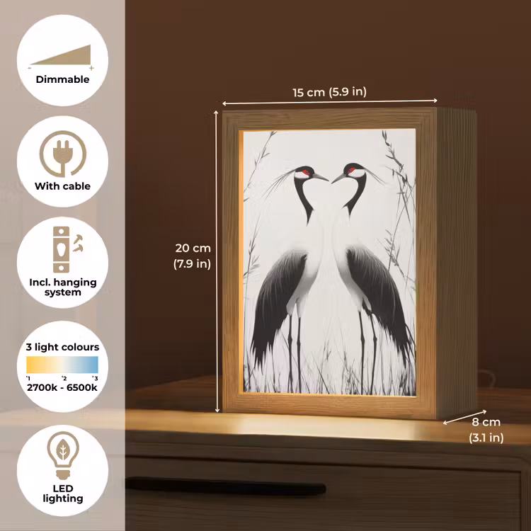 Kraanvogels - Gras - Hartvorm - Zwart Light Box met kabel (Tafellamp) klein -USP_EN