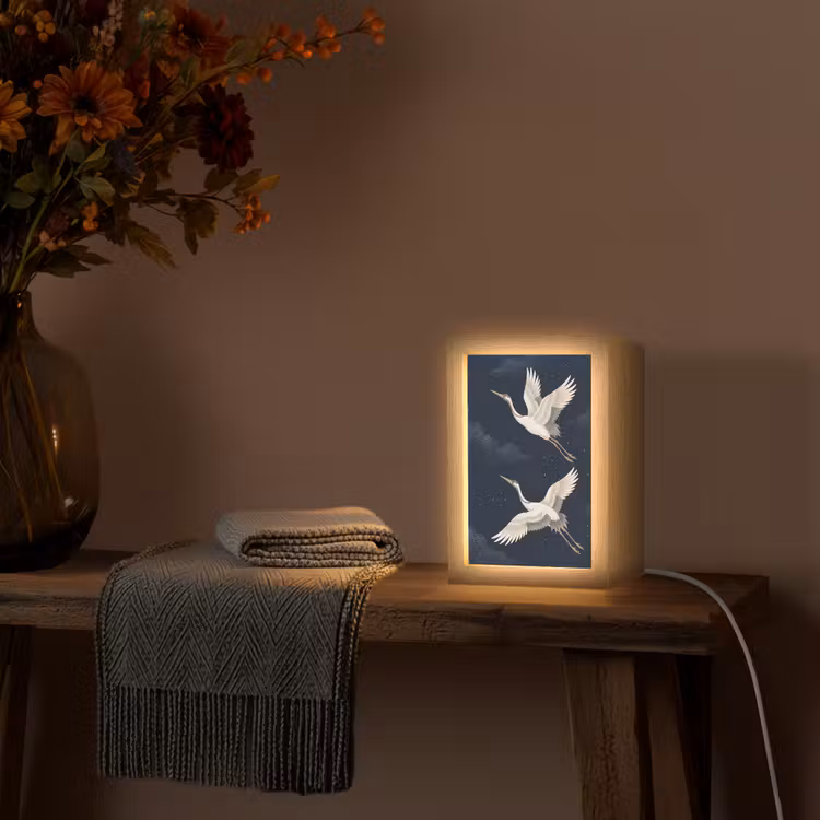 Kraanvogels - Nachthemel - Blauw Light Box met kabel (Tafellamp) klein -sfeer4