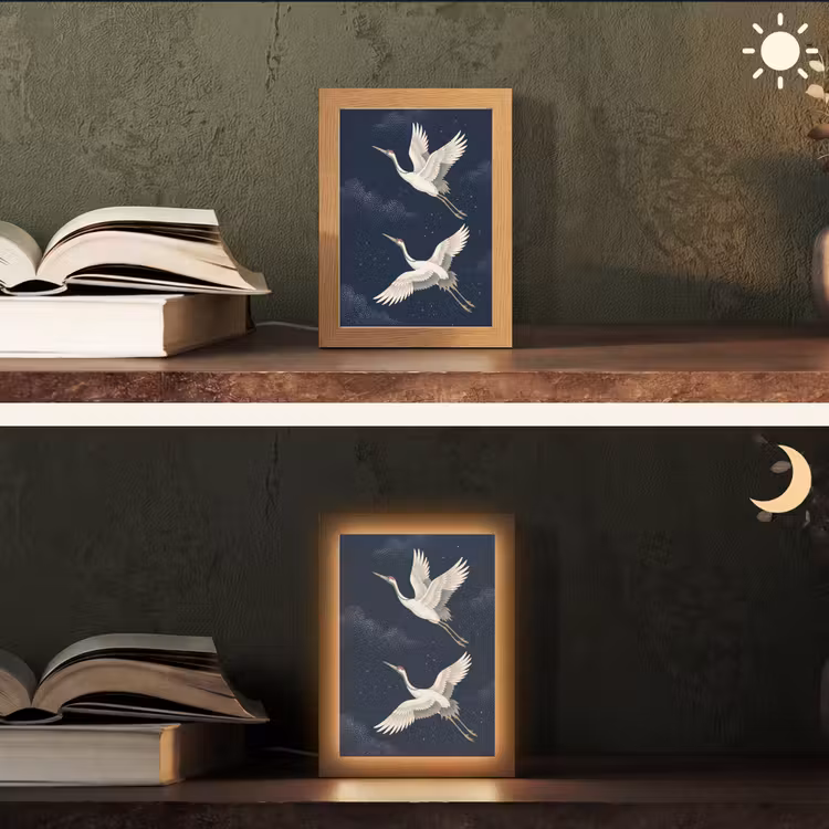 Kraanvogels - Nachthemel - Blauw Light Box met kabel (Tafellamp) klein -sfeer3