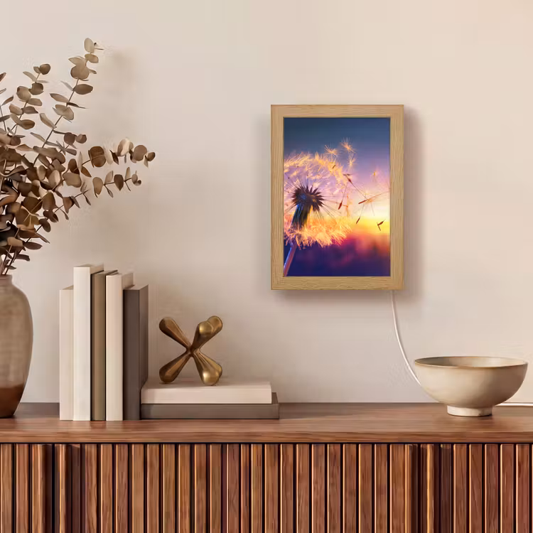 Paardenbloem - Bloemen - Zonsondergang - Horizon - Nacht Light Box met kabel (Tafellamp) klein -sfeer2