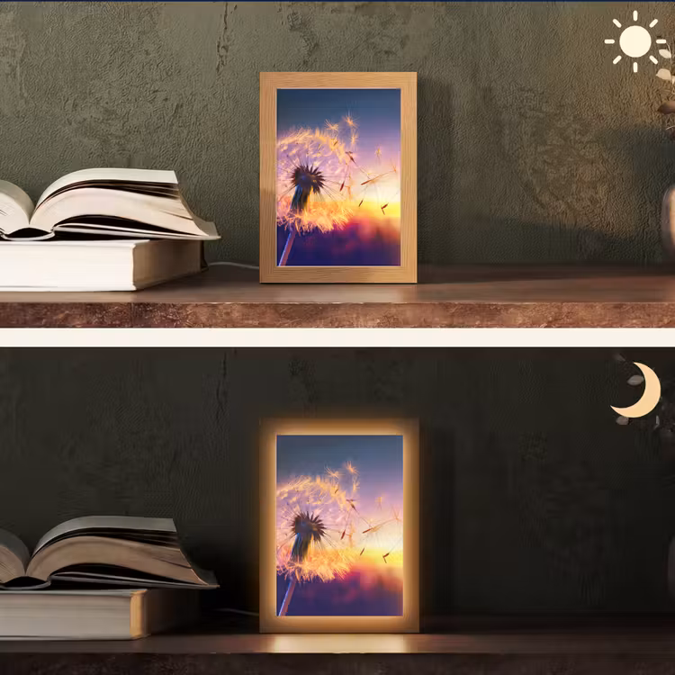 Paardenbloem - Bloemen - Zonsondergang - Horizon - Nacht Light Box met kabel (Tafellamp) klein -sfeer3
