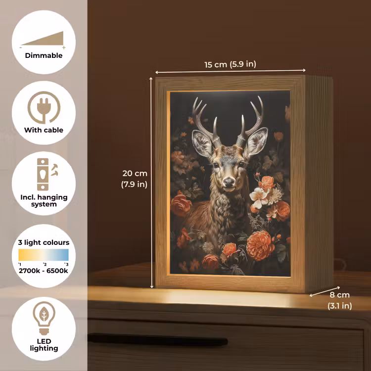 Hert - Dier - Bloemen - Natuur - Botanisch Light Box met kabel (Tafellamp) klein -USP_EN
