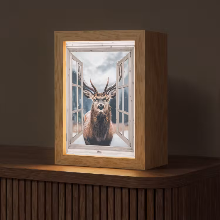 Hert - Dieren - Landschap - Winter - Sneeuw - Doorkijk - Natuur Light Box met kabel (Tafellamp) klein -z3d_website