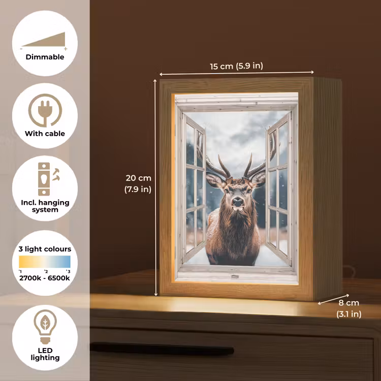 Hert - Dieren - Landschap - Winter - Sneeuw - Doorkijk - Natuur Light Box met kabel (Tafellamp) klein -USP_EN