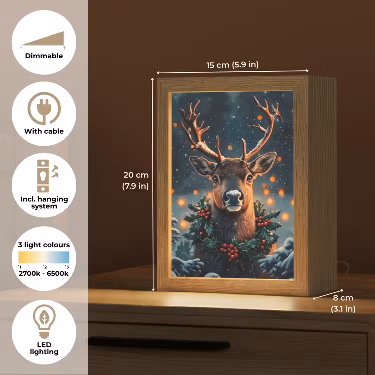 Hert - Kerst - Winter - Sneeuw - Kerstkrans Light Box met kabel (Tafellamp) klein -USP_EN