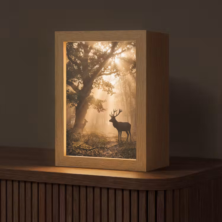 Hert - Bos - Mistig - Natuur - Goud Light Box met kabel (Tafellamp) klein -z3d_website