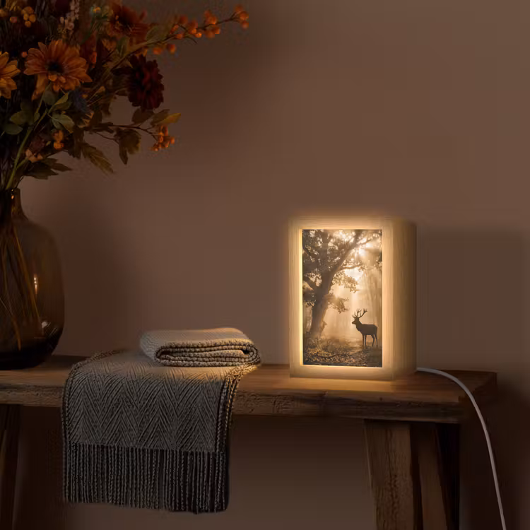 Hert - Bos - Mistig - Natuur - Goud Light Box met kabel (Tafellamp) klein -sfeer4