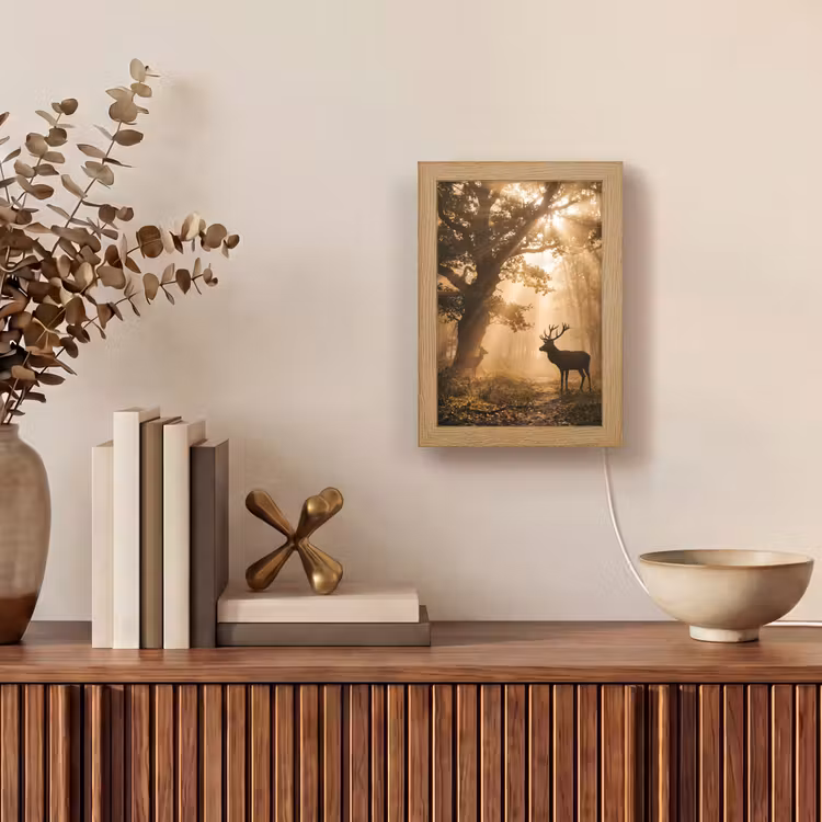 Hert - Bos - Mistig - Natuur - Goud Light Box met kabel (Tafellamp) klein -sfeer2