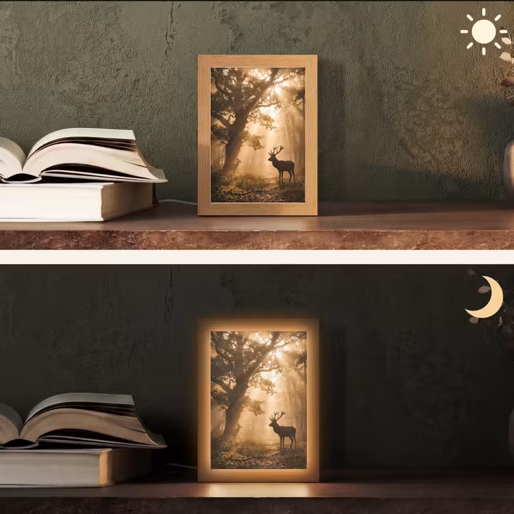 Hert - Bos - Mistig - Natuur - Goud Light Box met kabel (Tafellamp) klein -sfeer3