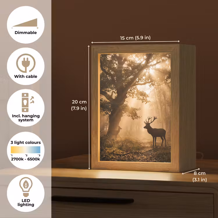 Hert - Bos - Mistig - Natuur - Goud Light Box met kabel (Tafellamp) klein -USP_EN