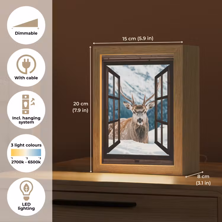Hert - Landschap - Winter - Natuur - Dieren - Doorkijk - Bergen Light Box met kabel (Tafellamp) klein -USP_EN