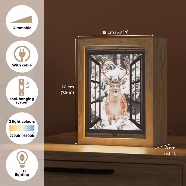Hert - Sneeuw - Winter - Bos - Dieren - Doorkijk Light Box met kabel (Tafellamp) klein -USP_EN