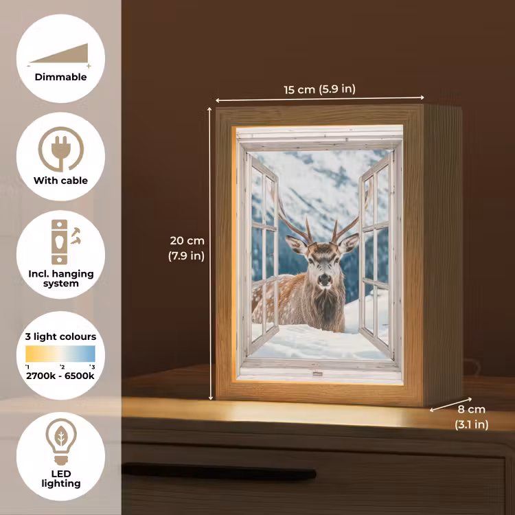 Hert - Winterlandschap - Natuur - Dieren - Doorkijk - Bergen Light Box met kabel (Tafellamp) klein -USP_EN