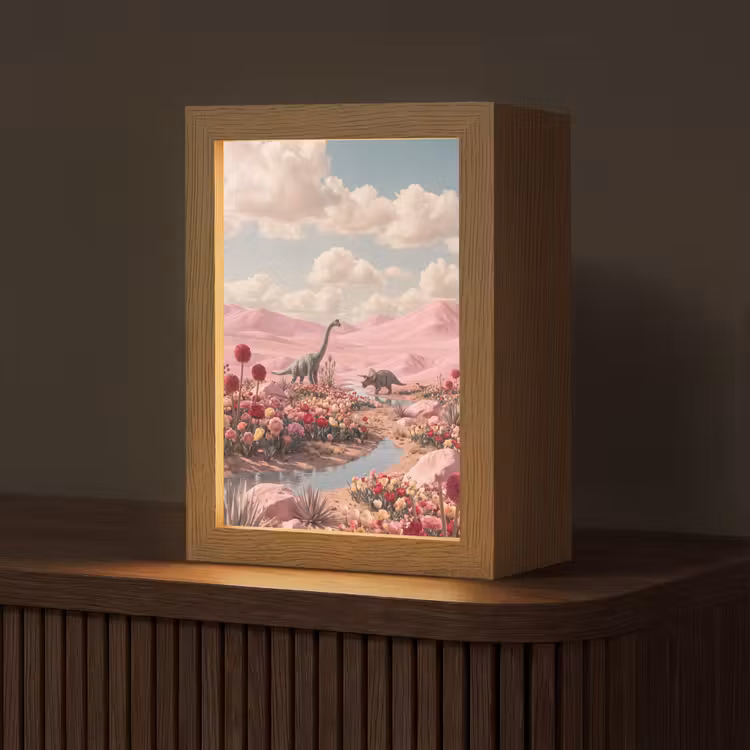 Table Lamp - Dinosaur - Pink - Landscape - Dinosaurus - Roze - Landschap Light Box met kabel (Tafellamp) klein