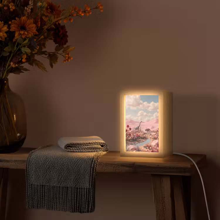 Table Lamp - Dinosaur - Pink - Landscape - Dinosaurus - Roze - Landschap Light Box met kabel (Tafellamp) klein
