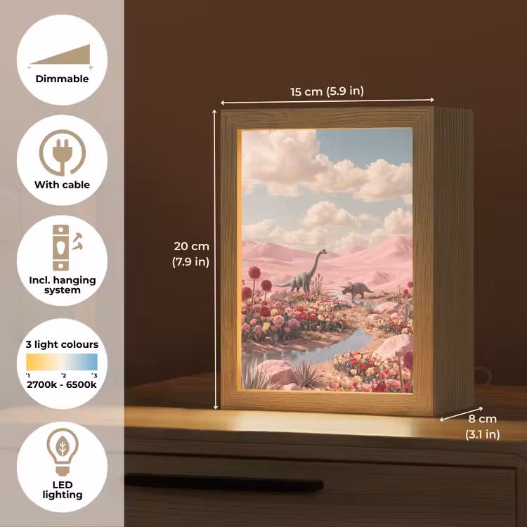 Table Lamp - Dinosaur - Pink - Landscape - Dinosaurus - Roze - Landschap Light Box met kabel (Tafellamp) klein