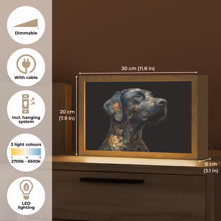Hond - Zwart - Bloemen Light Box met kabel (Tafellamp) klein -USP_EN