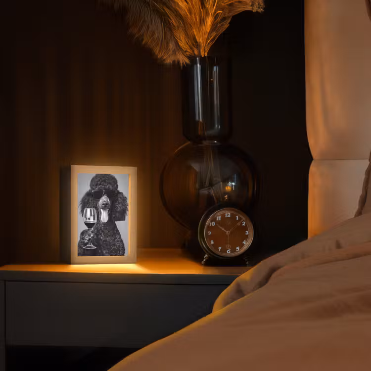 Hond - Krullen - Zonnebril - Wijn Light Box met kabel (Tafellamp) klein -sfeer1