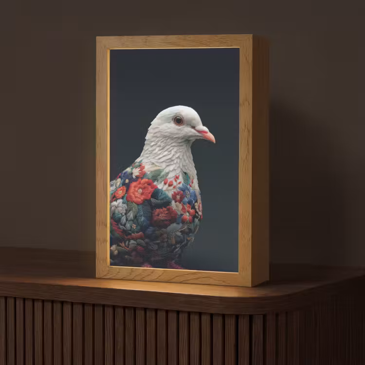 Duif - Bloemen - Wit - Zwart Light Box met kabel (Tafellamp) klein -z3d_website