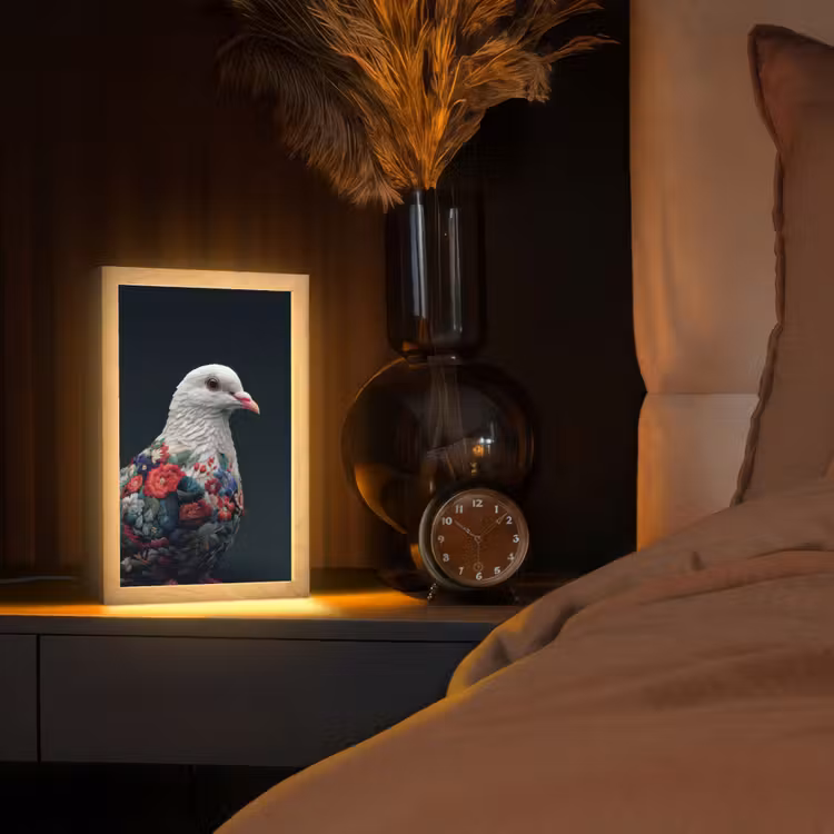 Duif - Bloemen - Wit - Zwart Light Box met kabel (Tafellamp) klein -sfeer1