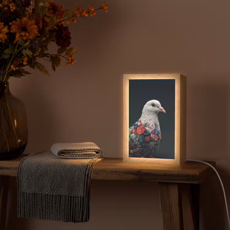 Duif - Bloemen - Wit - Zwart Light Box met kabel (Tafellamp) klein -sfeer4
