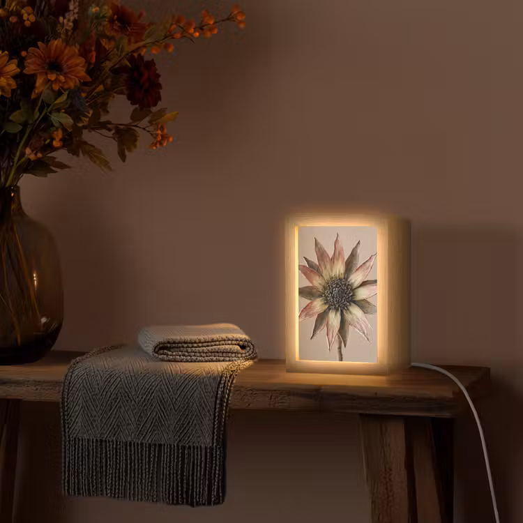 Droogbloem - Protea - Vintage - Beige - Rustiek Light Box met kabel (Tafellamp) klein -sfeer4