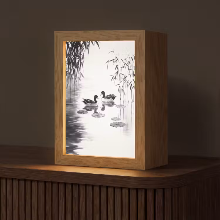 Eenden - Waterlelies - Riet - Zwart Light Box met kabel (Tafellamp) klein -z3d_website