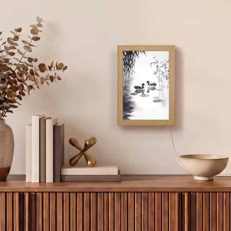 Eenden - Waterlelies - Riet - Zwart Light Box met kabel (Tafellamp) klein -sfeer2