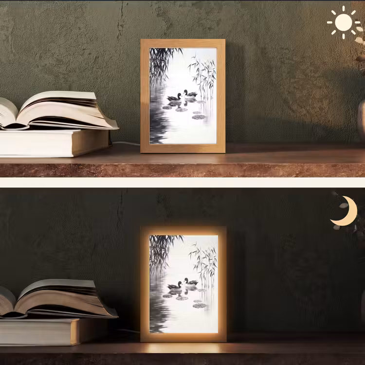 Eenden - Waterlelies - Riet - Zwart Light Box met kabel (Tafellamp) klein -sfeer3